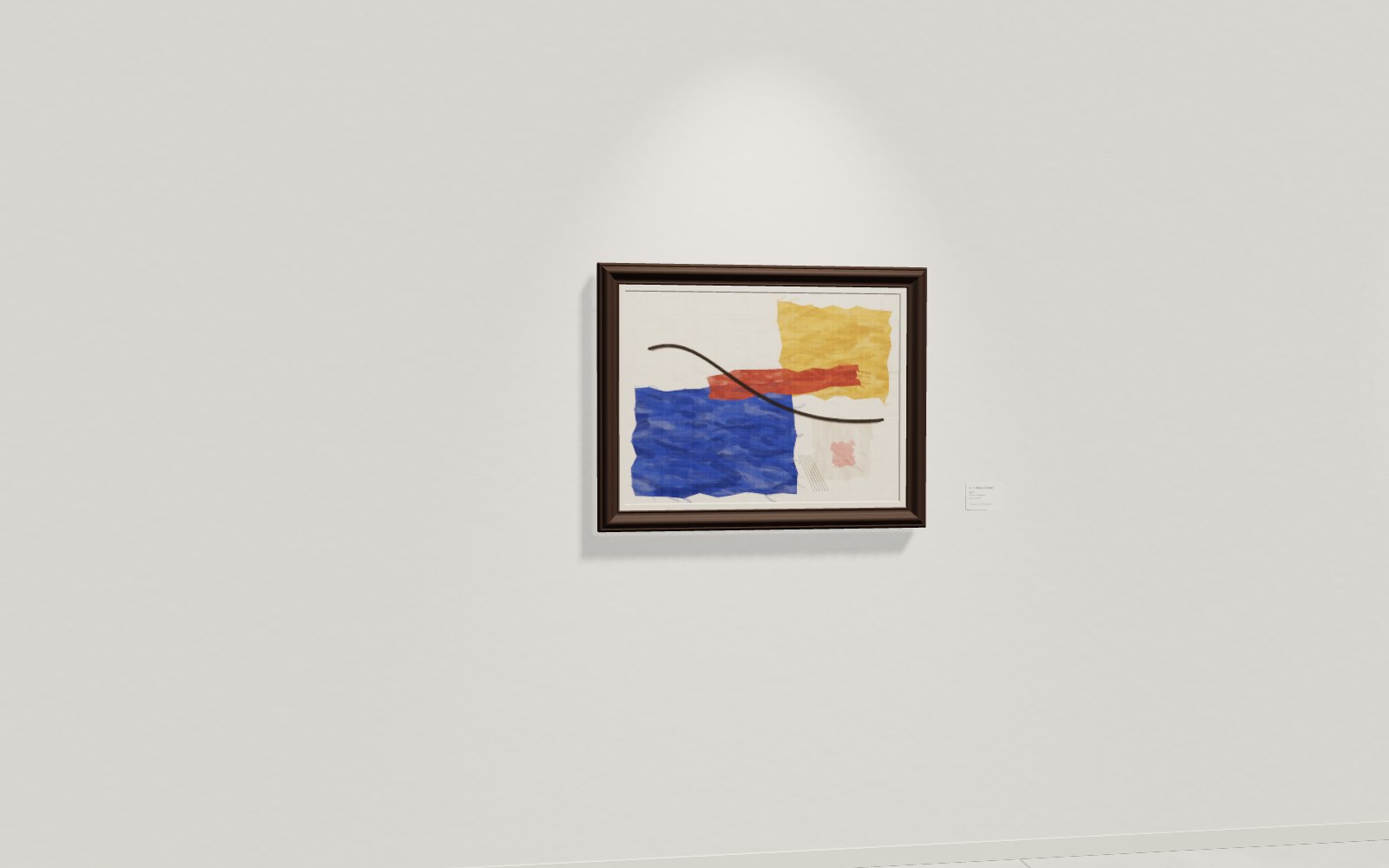 Ein abstraktes Gemälde in Blau, Ocker und Oxidrot hängt in einem dunklen Holzrahmen an einer weißen Galeriewand.