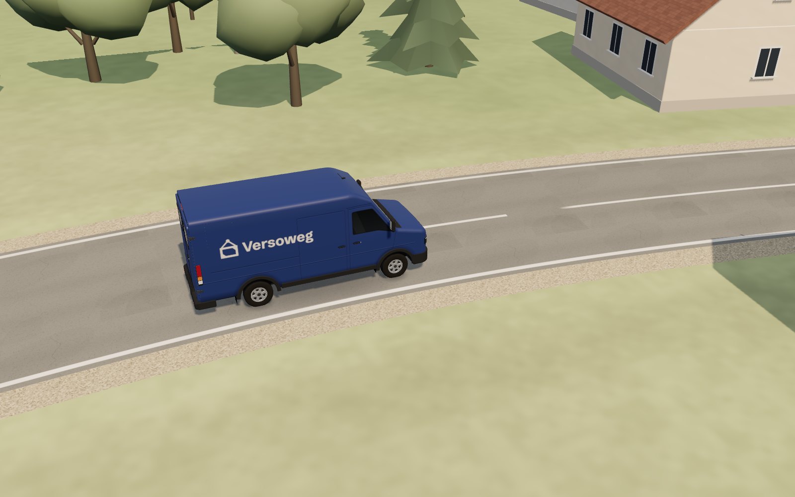 Der blaue Kastenwagen fährt auf einer Landstraße zwischen Wiesen und Bäumen von Wien Richtung Salzburg.