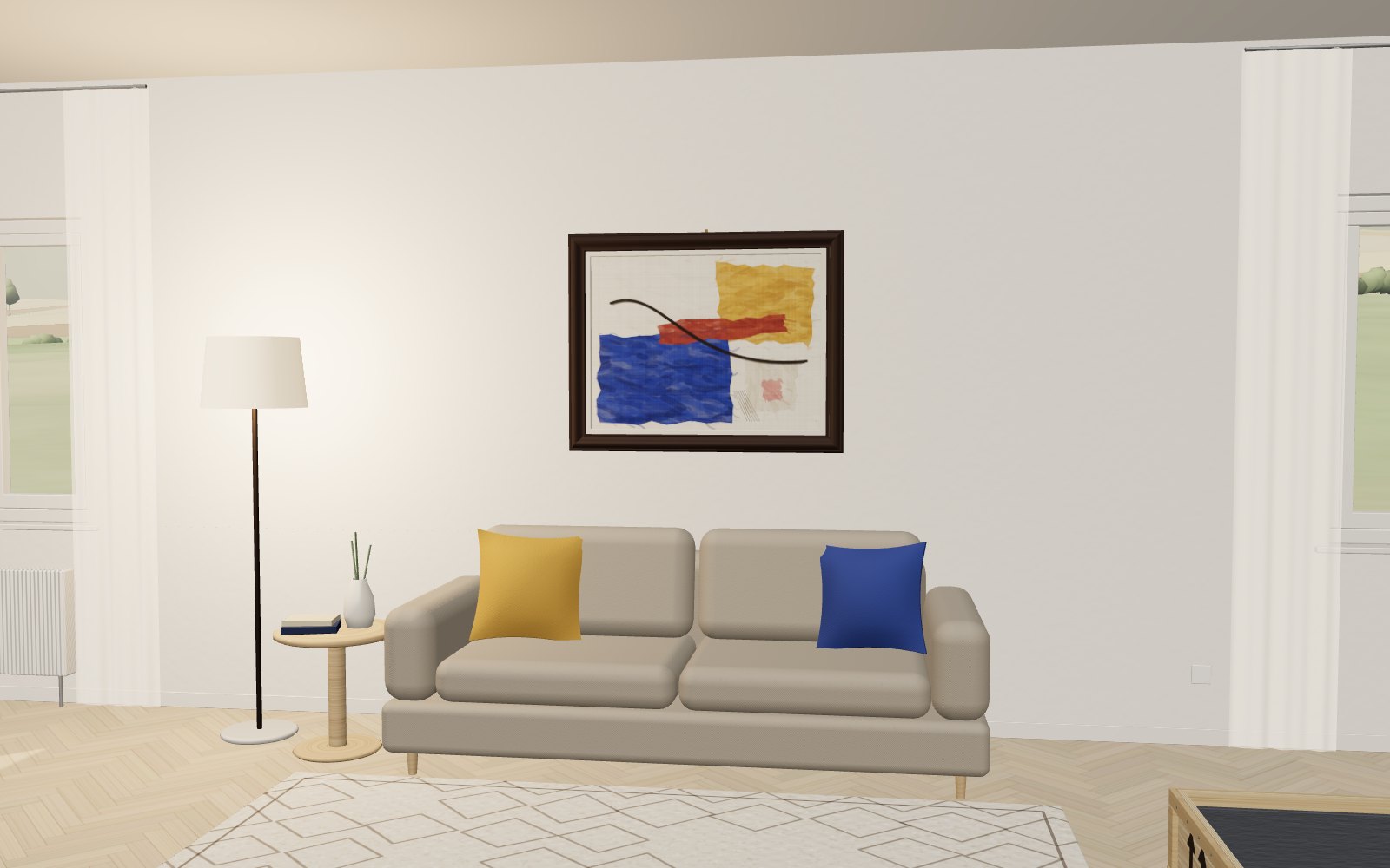 Das Bild hängt an der Wand eines Wohnzimmers über einem Sofa, daneben steht die geöffnete Kiste.